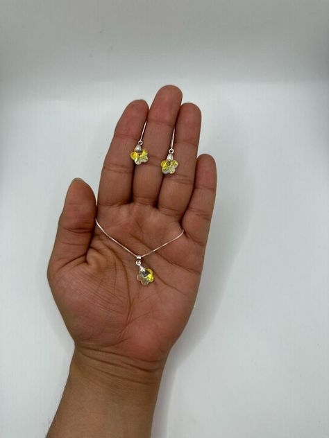 Conjunto Collar Aros Cristales Flor Plata Fina-1