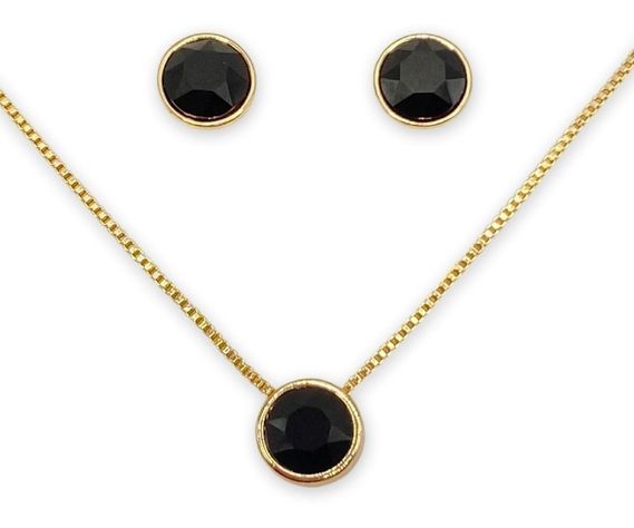 Conjunto Collar Aros Piedra Ónix Baño Oro Rosa -0