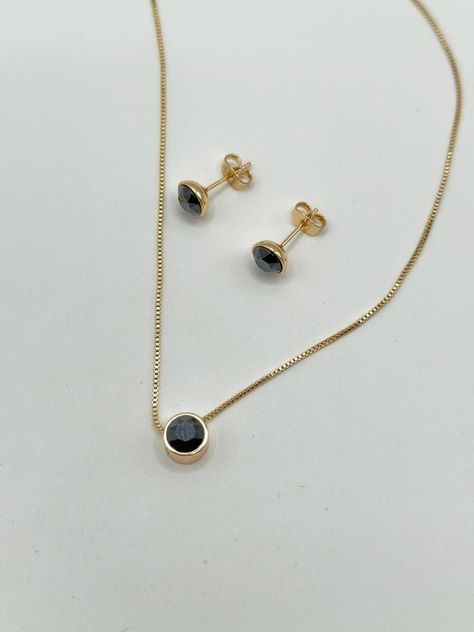 Conjunto Collar Aros Piedra Ónix Baño Oro Rosa -1