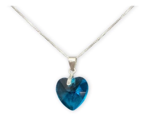 Collar Dije Corazon Cristal Azul Plata -0
