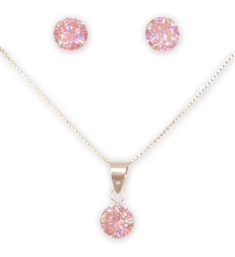 Conjunto Collar Aros Colgante Punto De Luz Rosado Plata 925-0