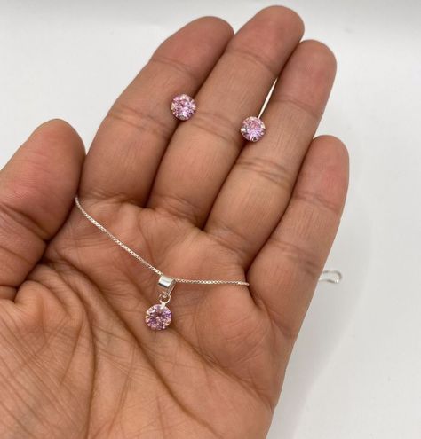 Conjunto Collar Aros Colgante Punto De Luz Rosado Plata 925-1