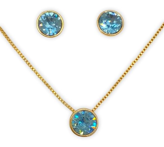 Conjunto Collar Aros Cristal celeste Baño Oro Rosa-0