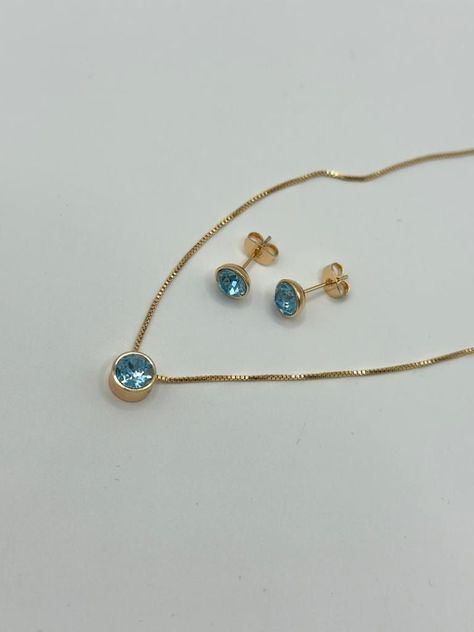 Conjunto Collar Aros Cristal celeste Baño Oro Rosa-1