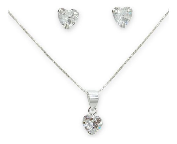 Conjunto Collar Dije Aros Corazon Circon Blanco Plata 925-0