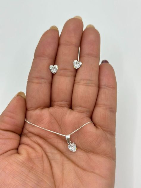 Conjunto Collar Dije Aros Corazon Circon Blanco Plata 925-1