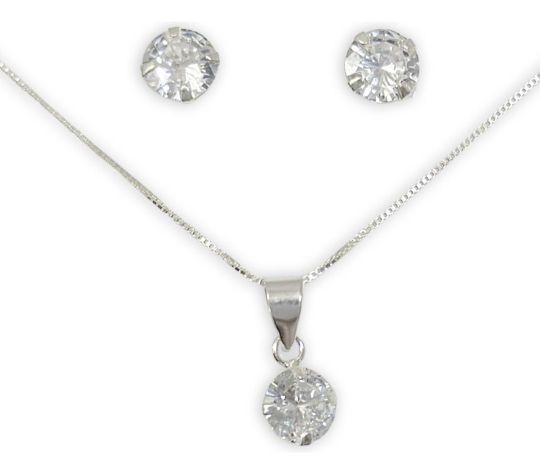 Conjunto Punto De Luz Aros Collar Circon Plata-0