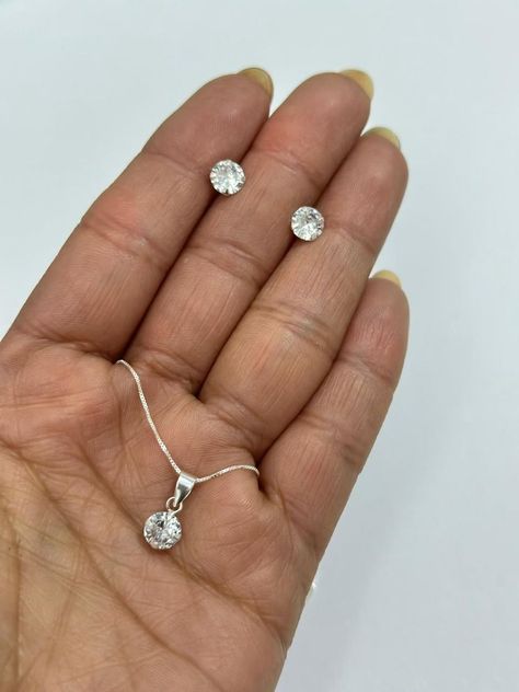Conjunto Punto De Luz Aros Collar Circon Plata-1