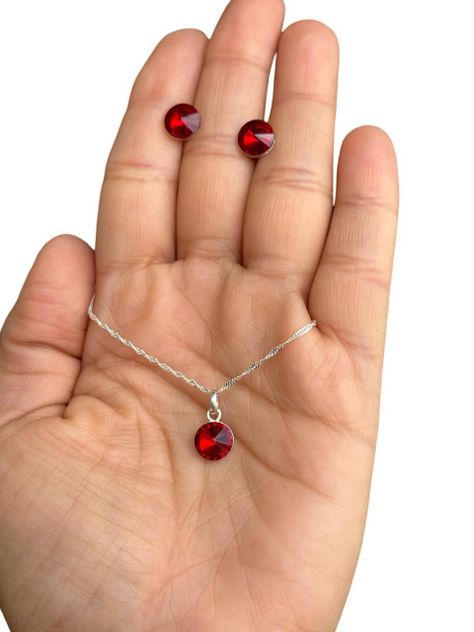 Conjunto Cristal Rojo Punto Luz Plata Fina 925-1