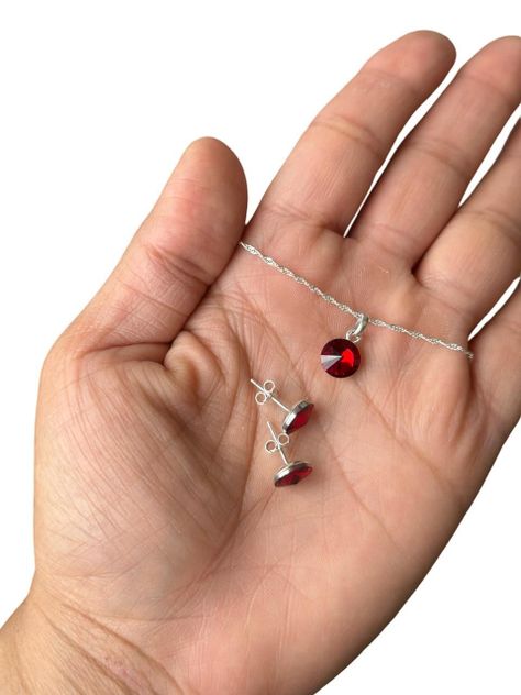 Conjunto Cristal Rojo Punto Luz Plata Fina 925-2