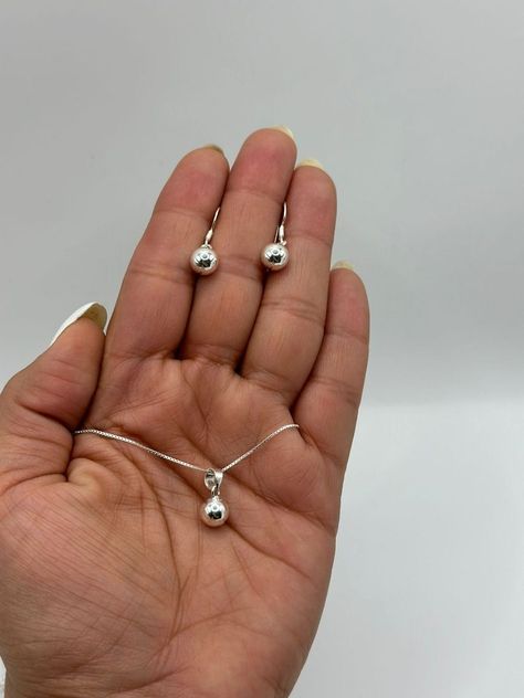 Conjunto Collar Aros Bolita Pelotita Plata-1