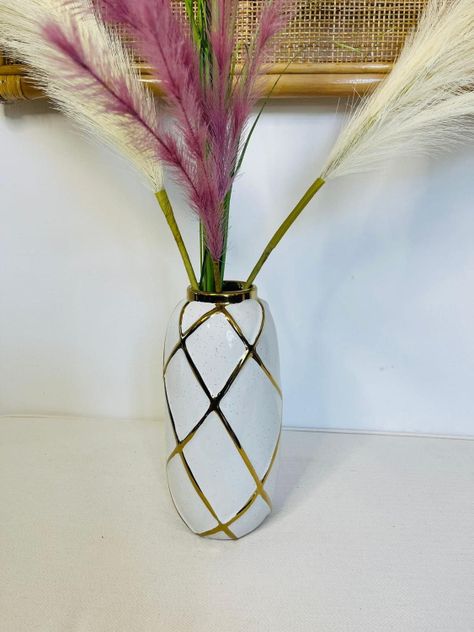 Florero de Cerámica Blanco con Dorado-1