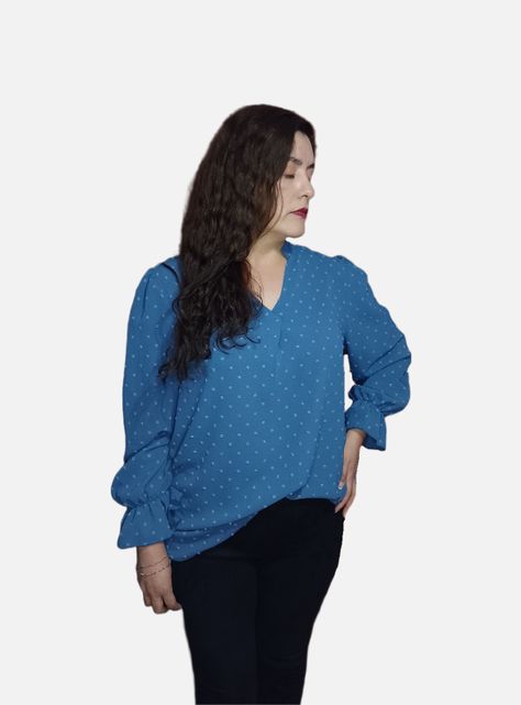 Blusa Cuello en V Mangas Largas Con Puños Fruncidos-0