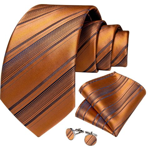 Corbata Naranja Hombre + Paño + Collera. Modelo Naranjo Lineas Negras-0