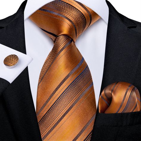 Corbata Naranja Hombre + Paño + Collera. Modelo Naranjo Lineas Negras-1