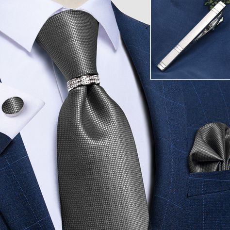 Corbata Hombre Seda + Clip sujetador, anillo, paño, colleras en caja-2