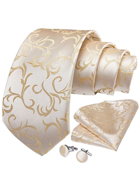 Corbata Hombre Seda con paño y colleras. Modelo Champagne White Golden-0