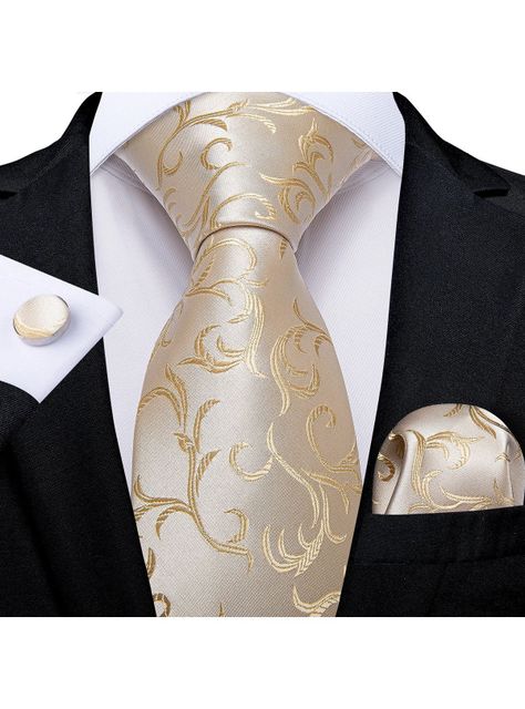 Corbata Hombre Seda con paño y colleras. Modelo Champagne White Golden-1