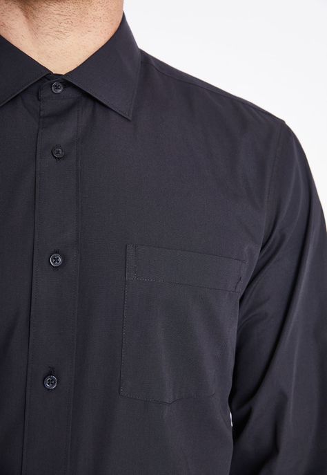 Camisa Negra Formal para Trabajo Hombre Cuello Italiano Bolsillo-1