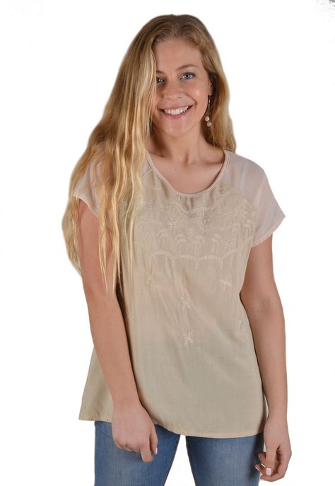 Polera Bordada Con Gasa Beige alxandra Cid-0