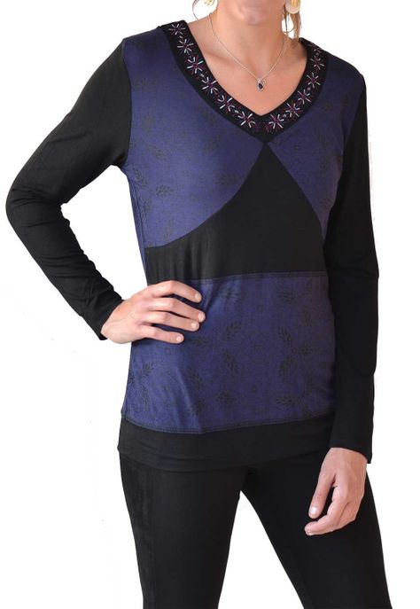 Polera Aplicación Escote Azul Alexandra Cid-0