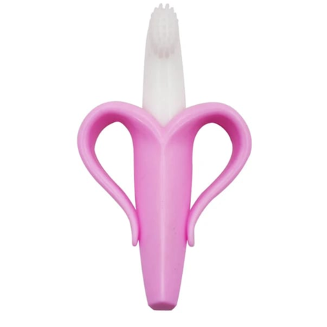 MORDEDOR DE ENCIA CON CEPILLO PARA BEBE BANANA ROSA-0