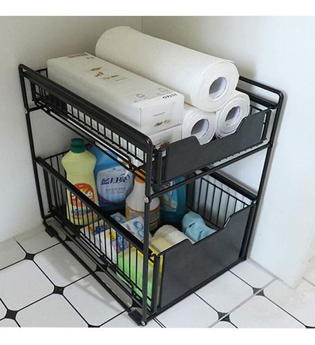 Organizador cesta de cocina y baño 2 niveles negro-9