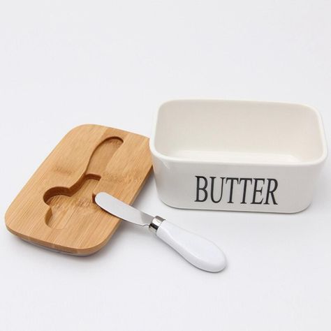 Mantequillero de cerámica con tapa de madera-0