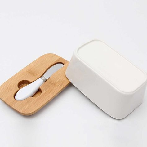 Mantequillero de cerámica con tapa de madera-3