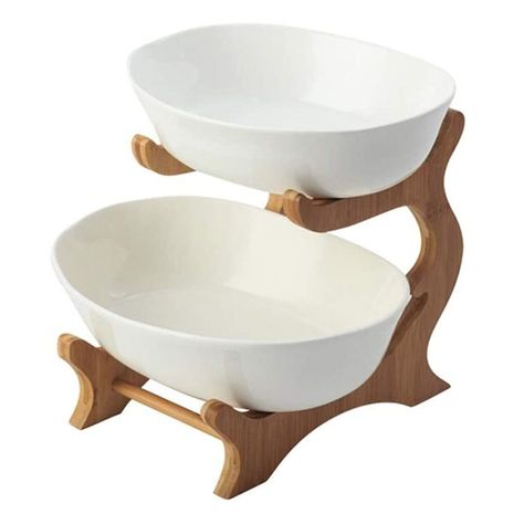 Frutera cerámica / madera 2 niveles 22cm-1