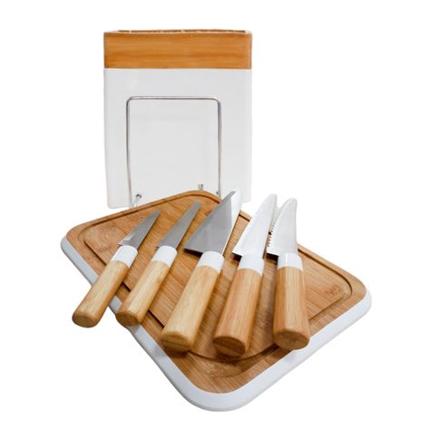 Tabla de cortar más set de 5 cuchillos bambú-2