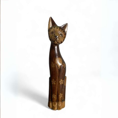 Gato madera artesanal  60 cm café oscuro-0