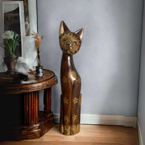 Gato madera artesanal  60 cm café oscuro-1