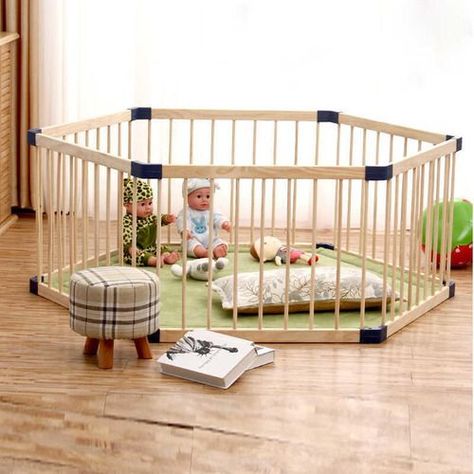Corral portátil de madera hexagonal para niños-3