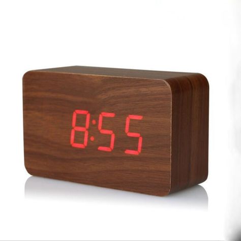 Reloj despertador digital  de madera  luz led roja-0