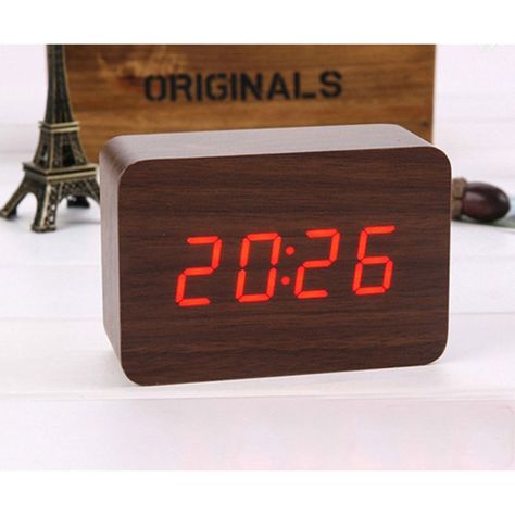 Reloj despertador digital  de madera  luz led roja-2