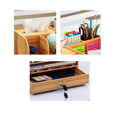 Organizador de escritorio multiuso de madera café-3