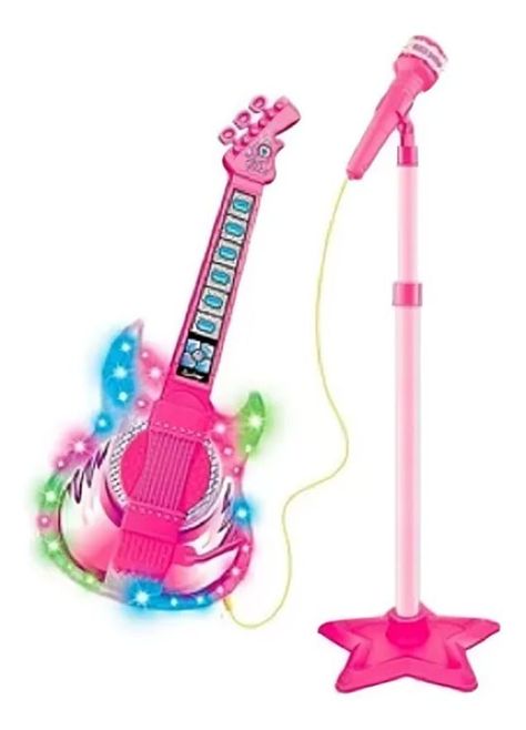 Guitarra rosada con microfono pedestal-0