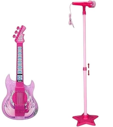 Guitarra rosada con microfono pedestal-1