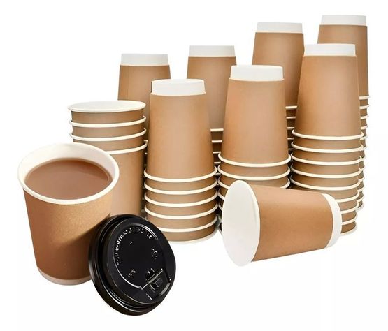 Set 100 Vasos Desechables Kraft Vaso Doble Pared C/tapa 8oz-0
