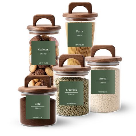 Set 5 Contenedores Herméticos Vidrio Cocina Acacia Con Asa Etiqueta Verde-0