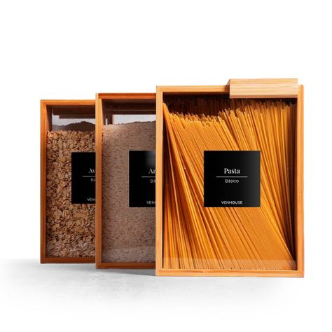 3 Contenedor Hermético Despensa Vidrio Bambú 2200ml Etiqueta Negra-0