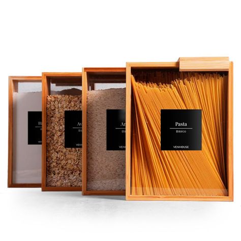 4 Contenedor Hermético Despensa Vidrio Bambú 2200ml Etiqueta Negra-0