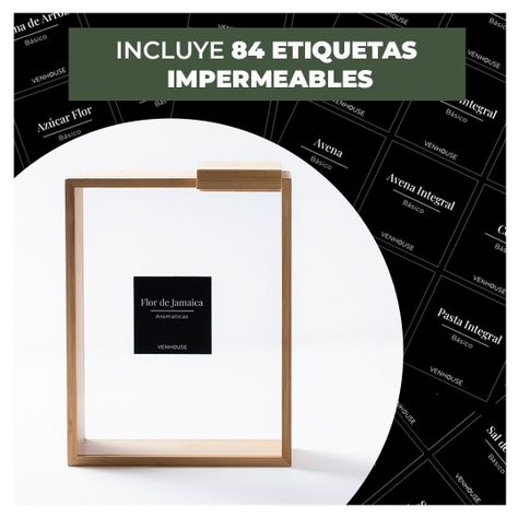 4 Contenedor Hermético Despensa Vidrio Bambú 2200ml Etiqueta Negra-1