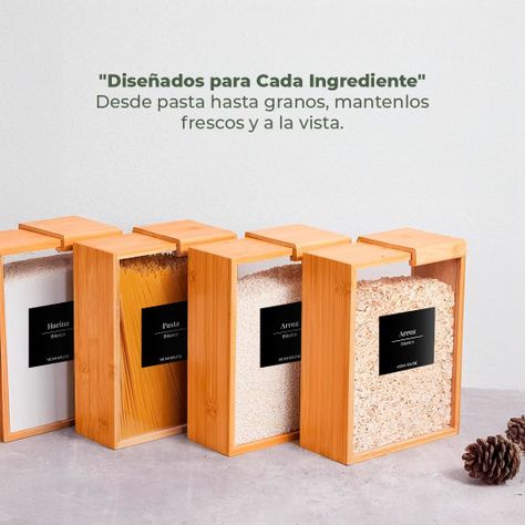 4 Contenedor Hermético Despensa Vidrio Bambú 2200ml Etiqueta Negra-4