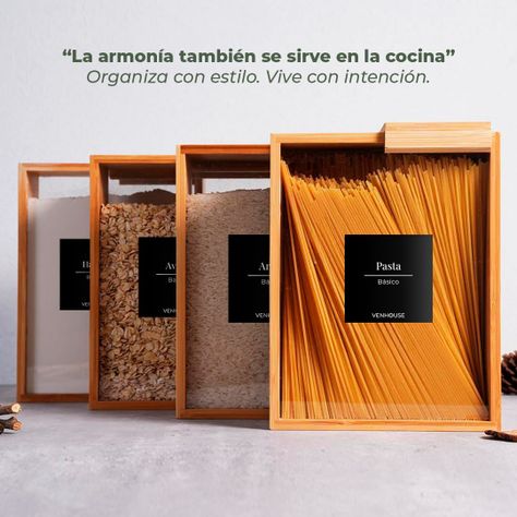 4 Contenedor Hermético Despensa Vidrio Bambú 2200ml Etiqueta Negra-5