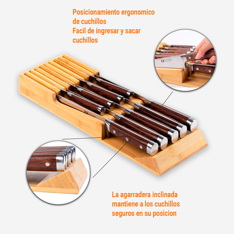 Soporte de cuchillos organizador cajones de cocina de bambú-3