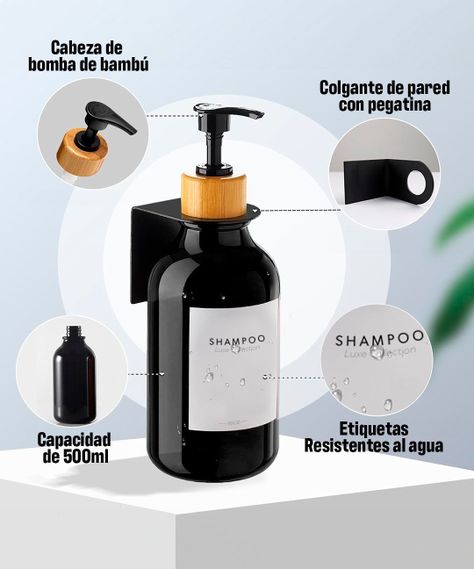 Venhoouse Pack 3 Dispensador De Jabón 500 Ml Plástico Bambú Negros-4