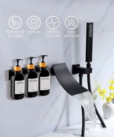 Venhoouse Pack 3 Dispensador De Jabón 500 Ml Plástico Bambú Negros-5