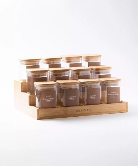 12 Especieros Herméticos De Vidrio Bambú Rack Para Cocina Etiqueta Marrón -0